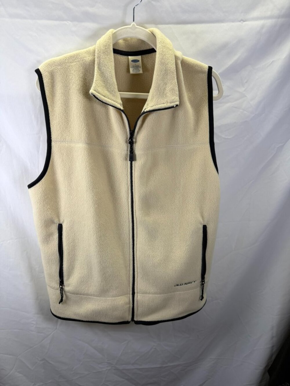 Old Navy Men’s Beige Fleece Vest Size L Full Zip Black Trim Pockets Philippines